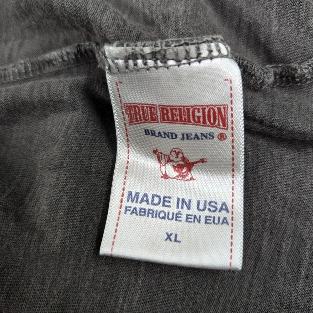True Religion‎ Men Shirt XL Gray Guitar Buddha Henley Grunge Button Long Sleeve
